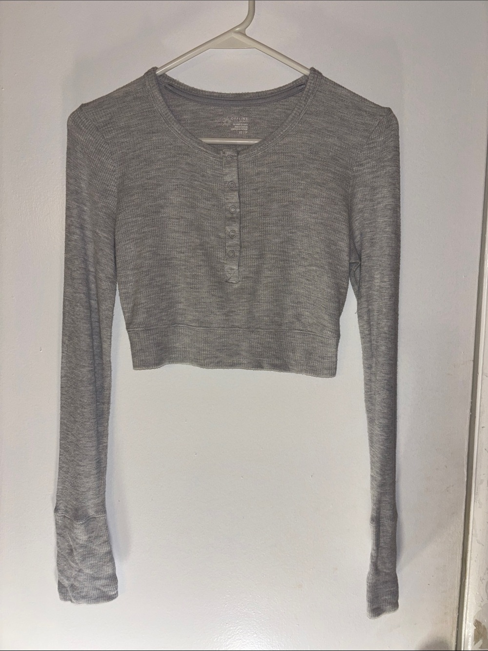 Offline by Aerie  Grey tiny Waffle Knit Seamless Long Sleeve Crop Henley